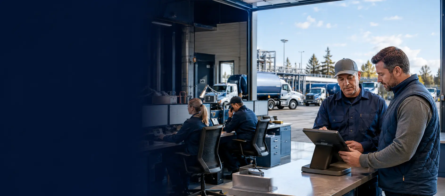 Fuel distribution team working beside a modern office and delivery fleet