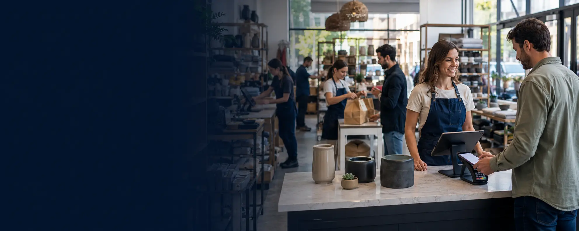 Retail employees assisting customers at a modern checkout counter